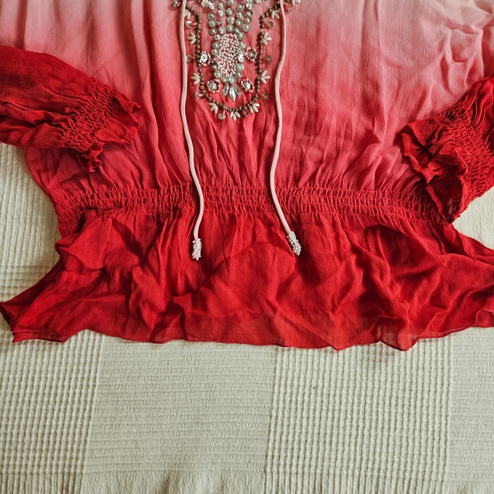 Ludi Pink Red Ombre Beaded Desert Boho Smocked Waist Long Sleeve Festival Top XL - Picture 10 of 12
